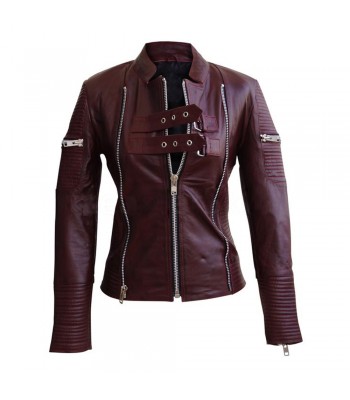 Women Distressed Maroon Red Sheep Jacket Ladies Genuine Leather Zipper Jacket 